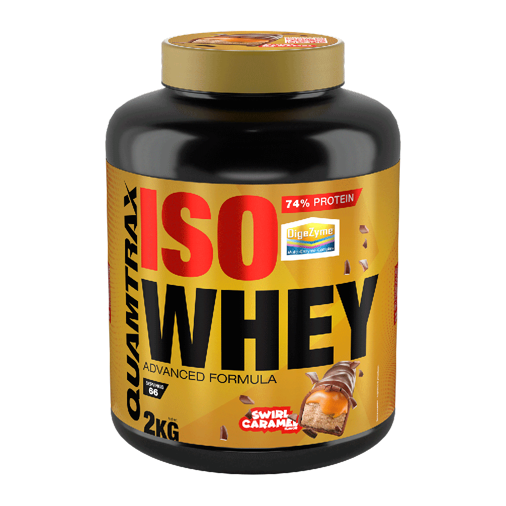 IsoWhey envase de 2kg del fabricante Quamtrax suplemento de proteína de aislado de suero isolate