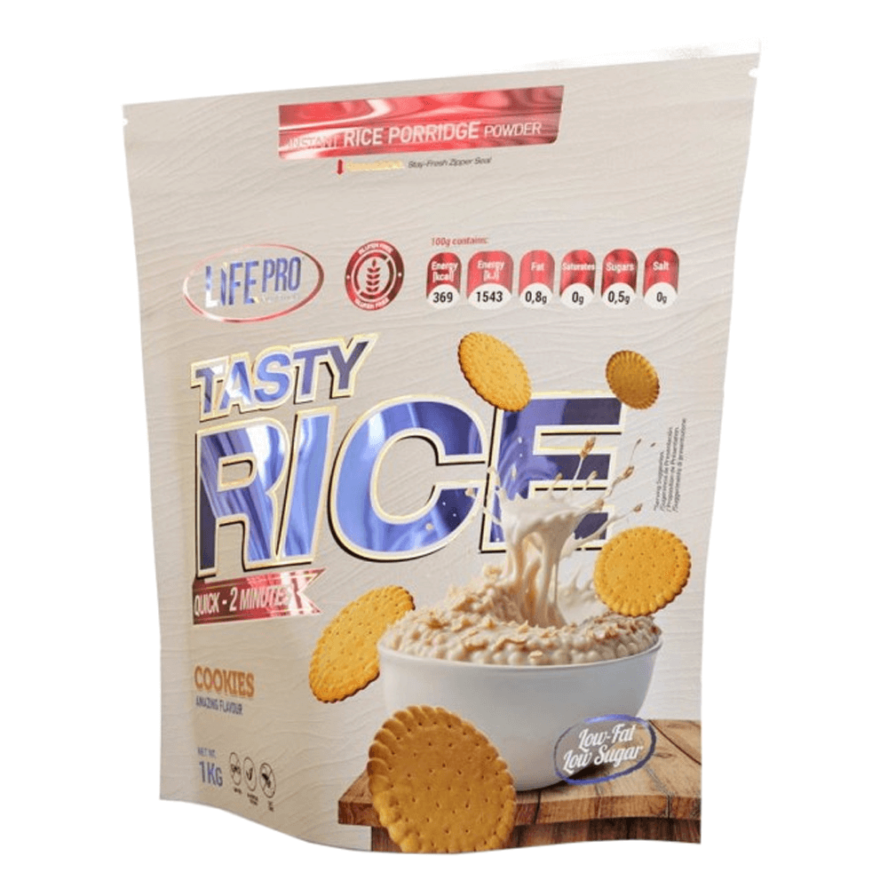 Tasty Rice envase de crema de arroz hecho por LifePRO complemento alimenticio de harina de arroz