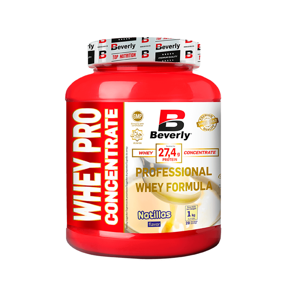 Whey Pro Concentrate envase de 1kg de la sección proteina de suero whey del fabricante Beverly Nutrition