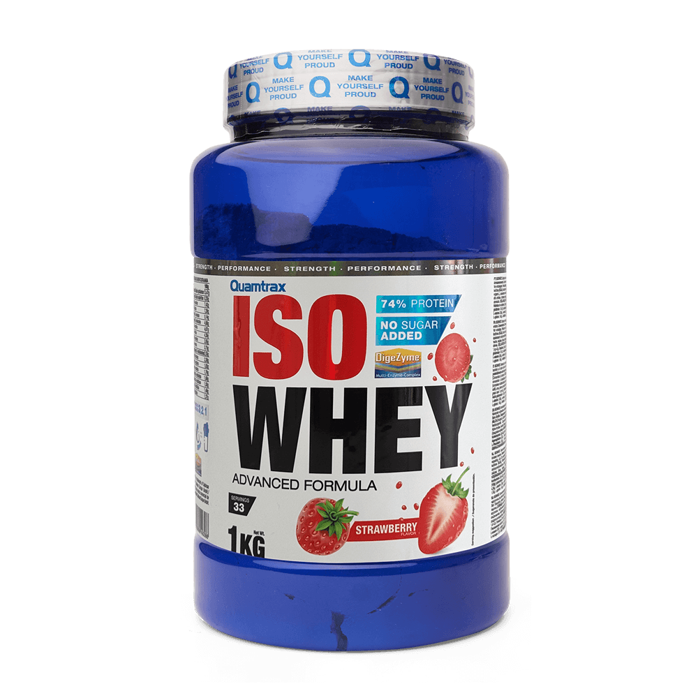 IsoWhey bote de 1kg de la marca Quamtrax suplemento de proteína de aislado de suero isolate