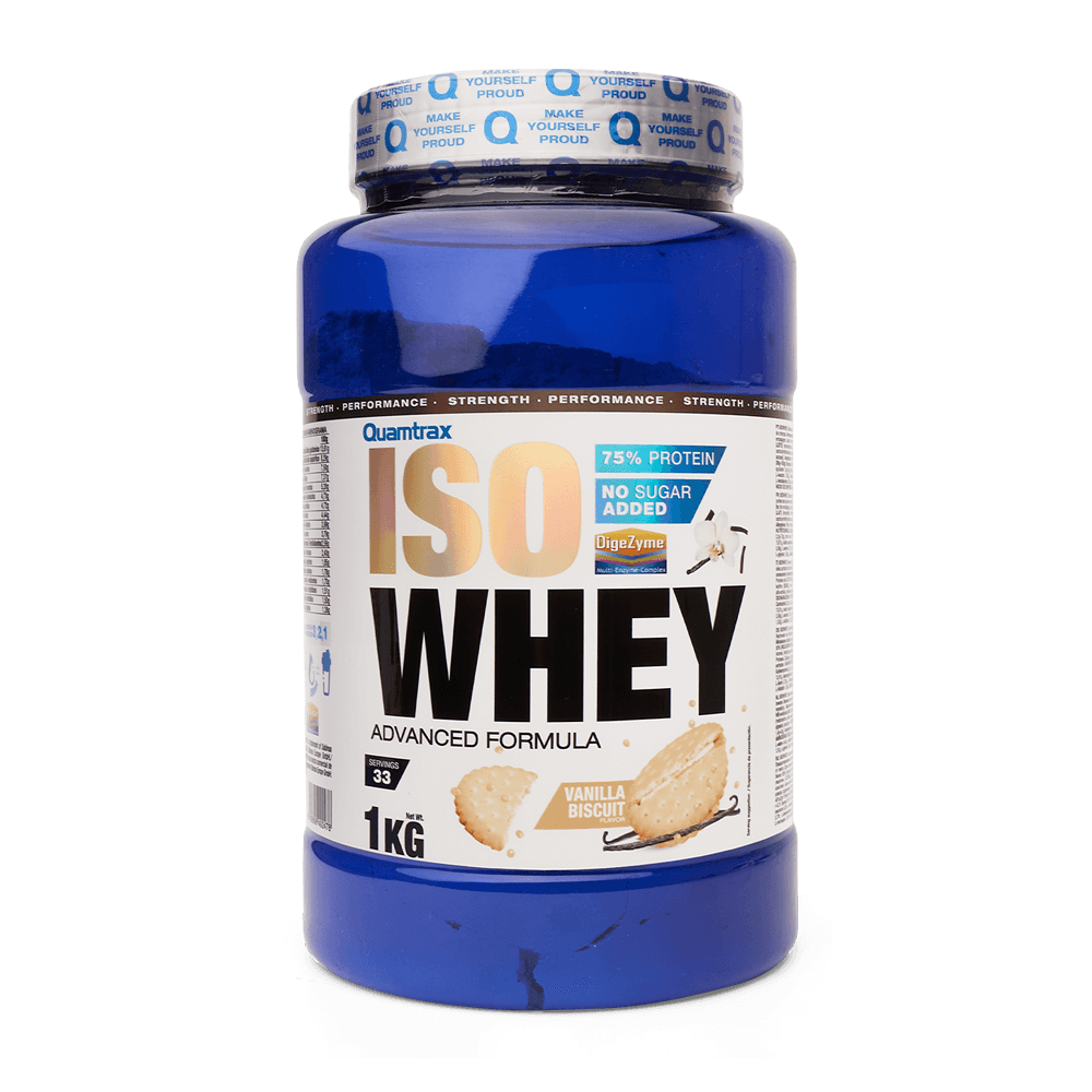 IsoWhey envase de 1kg de la marca Quamtrax de la sección proteína de aislado de suero isolate
